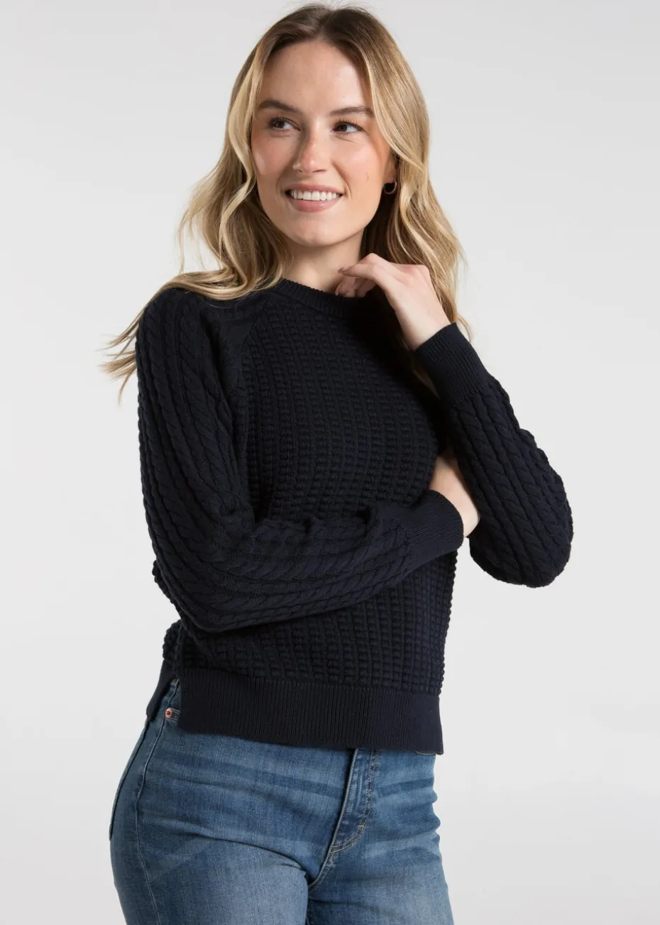 French Connection Navy Cotton Popcorn-Style Cable Knit Crew Neck Jumper