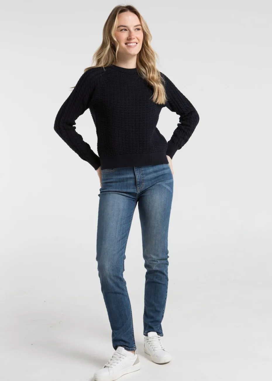 French Connection Navy Cotton Popcorn-Style Cable Knit Crew Neck Jumper