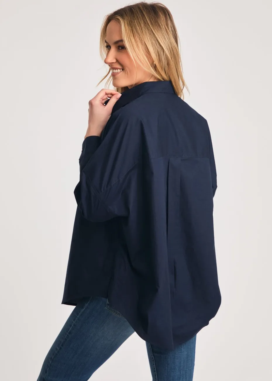 French Connection Navy Cotton Long Sleeve Poplin Popover High-Low Hem Shirt