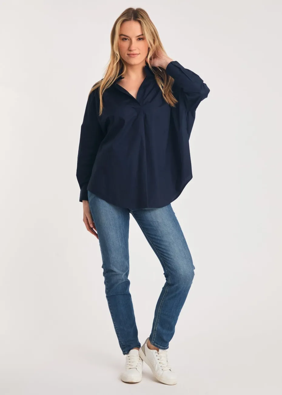 French Connection Navy Cotton Long Sleeve Poplin Popover High-Low Hem Shirt