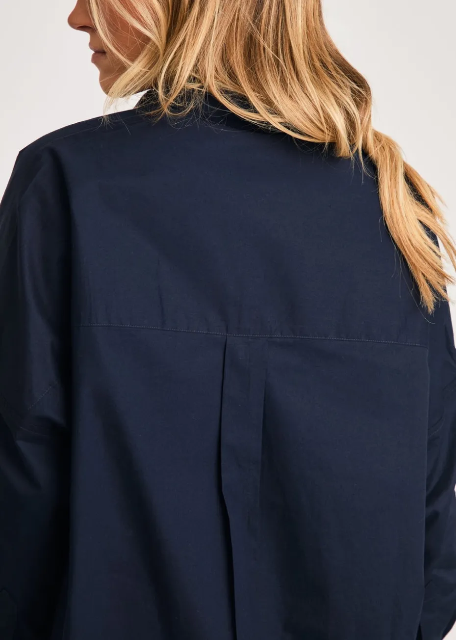 French Connection Navy Cotton Long Sleeve Poplin Popover High-Low Hem Shirt