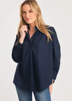 French Connection Navy Cotton Long Sleeve Poplin Popover High-Low Hem Shirt