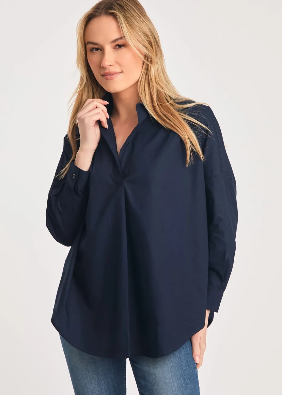 French Connection Navy Cotton Long Sleeve Poplin Popover High-Low Hem Shirt