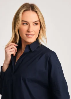 French Connection Navy Cotton Long Sleeve Poplin Popover High-Low Hem Shirt