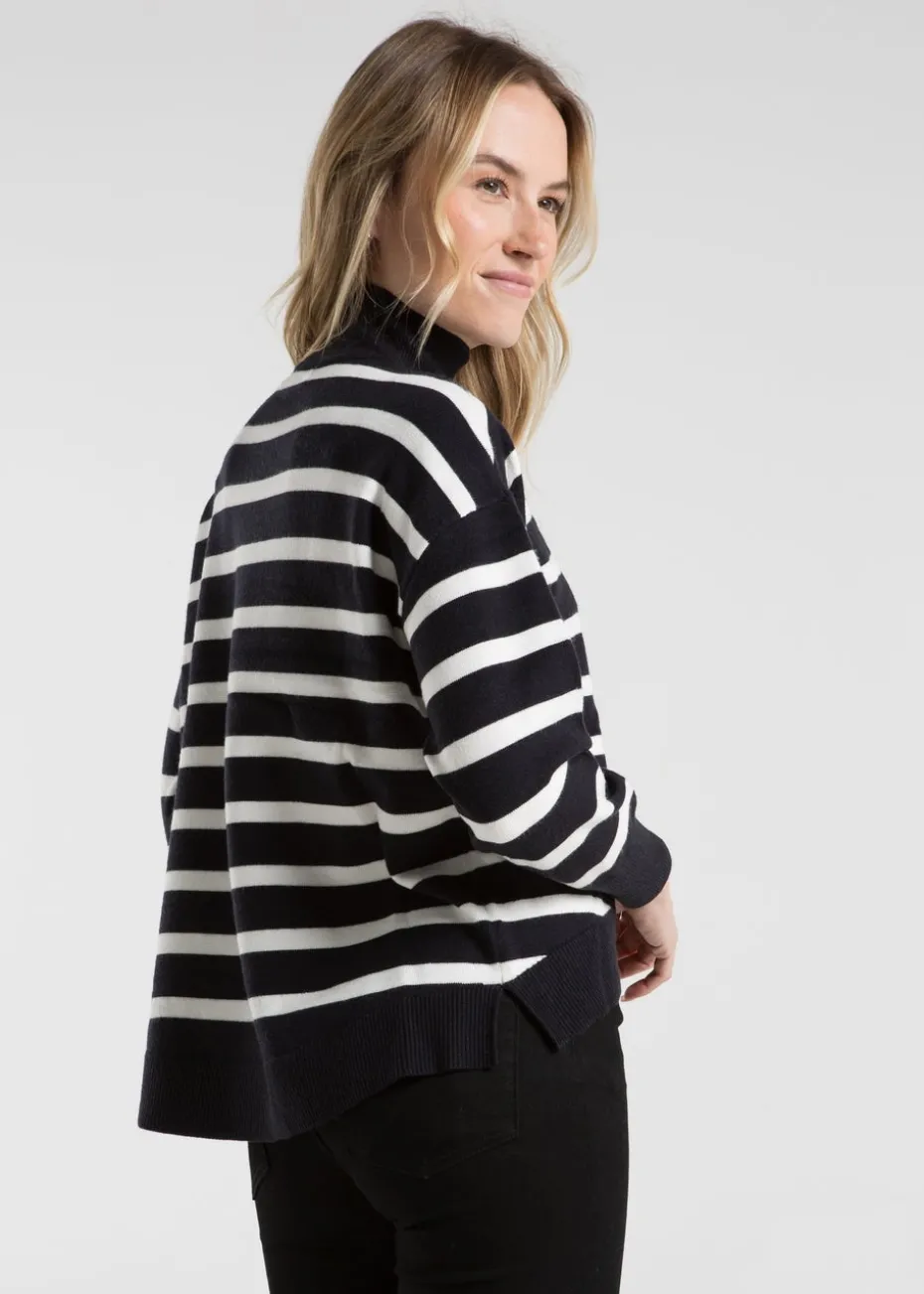 French Connection Navy Oversized High Neck Striped Jumper