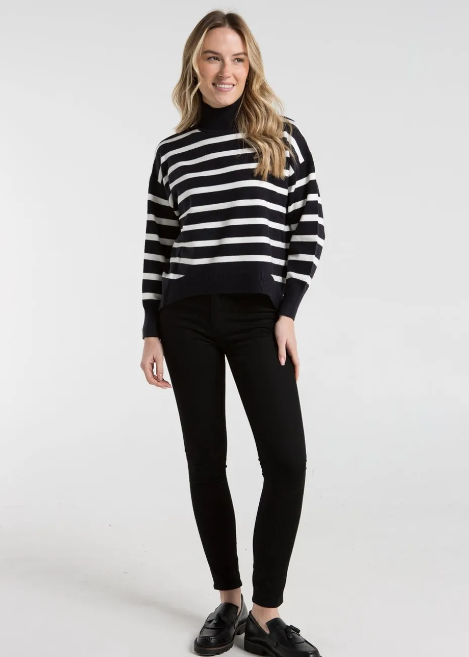 French Connection Navy Oversized High Neck Striped Jumper
