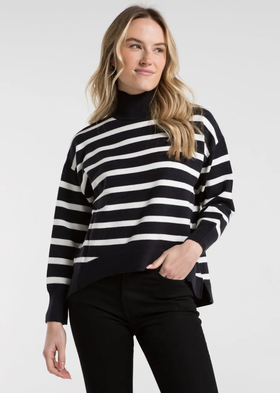 French Connection Navy Oversized High Neck Striped Jumper