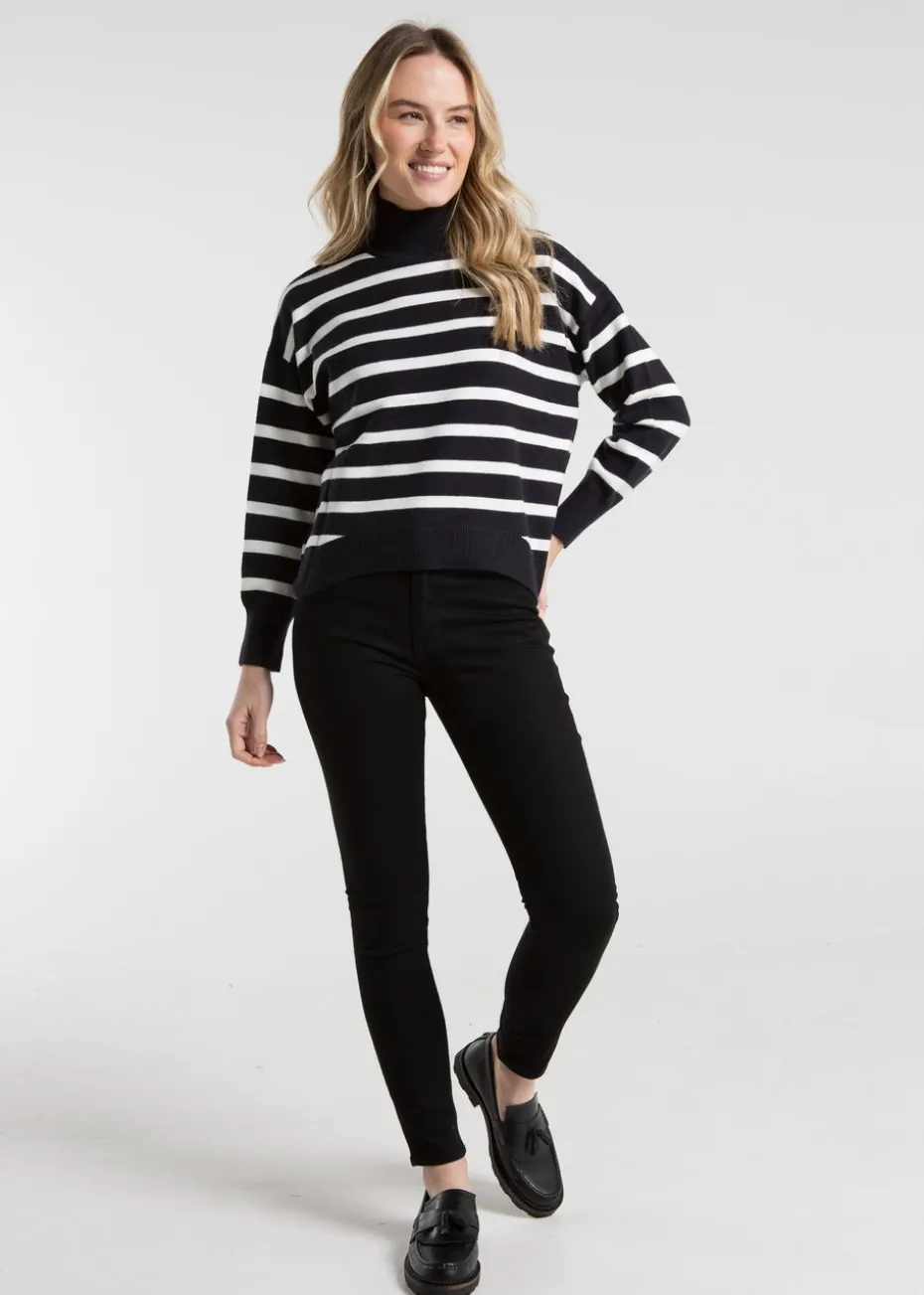 French Connection Navy Oversized High Neck Striped Jumper
