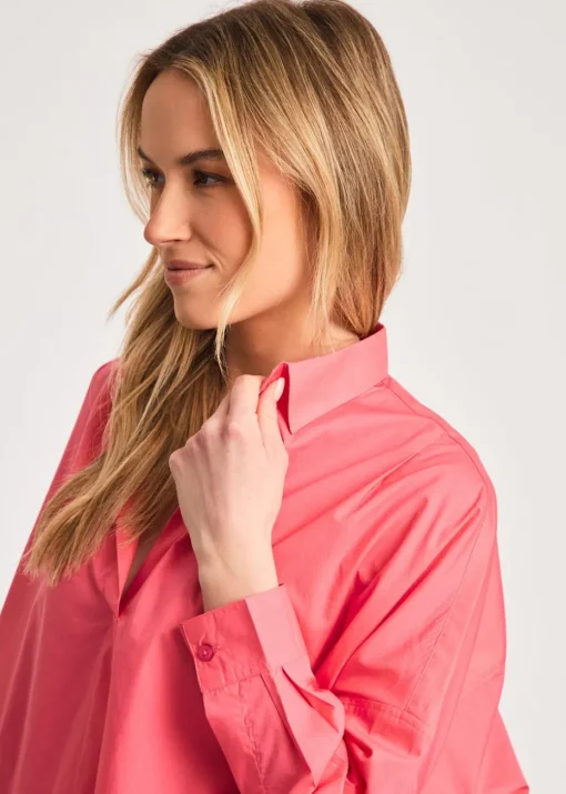 French Connection Pink Cotton Long Sleeve Poplin Popover High-Low Hem Shirt
