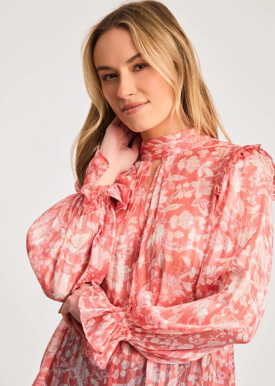 French Connection Pink High Neck Long Sleeve Floral Frill Keyhole Blouse