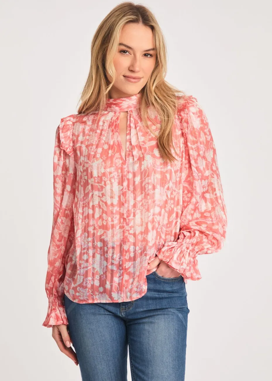 French Connection Pink High Neck Long Sleeve Floral Frill Keyhole Blouse