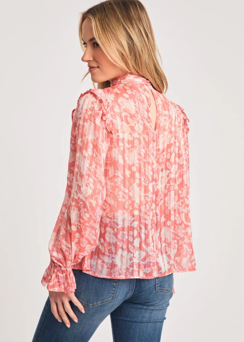 French Connection Pink High Neck Long Sleeve Floral Frill Keyhole Blouse