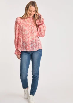 French Connection Pink High Neck Long Sleeve Floral Frill Keyhole Blouse