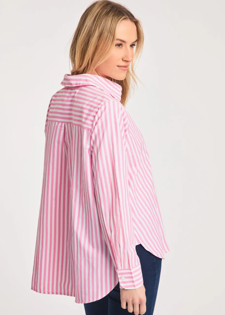 French Connection Pink Relaxed-Fit Striped Popover High-Low Hem Shirt