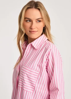 French Connection Pink Relaxed-Fit Striped Popover High-Low Hem Shirt