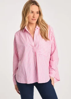 French Connection Pink Relaxed-Fit Striped Popover High-Low Hem Shirt