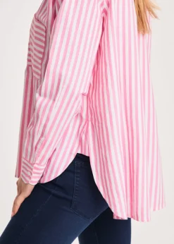 French Connection Pink Relaxed-Fit Striped Popover High-Low Hem Shirt