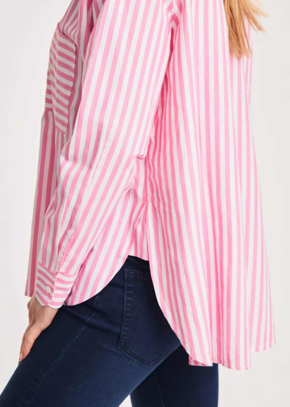 French Connection Pink Relaxed-Fit Striped Popover High-Low Hem Shirt