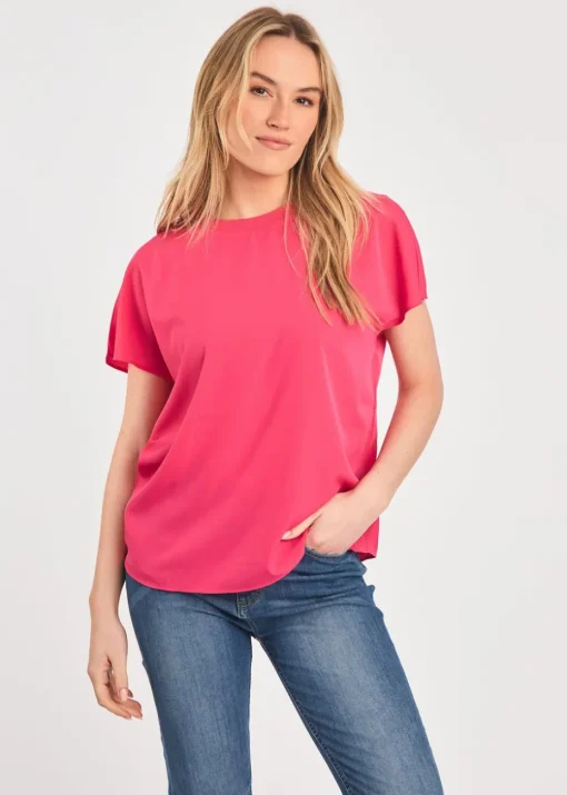 French Connection Raspberry Crew Neck Short Sleeve Crepe Top