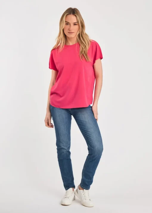 French Connection Raspberry Crew Neck Short Sleeve Crepe Top