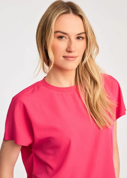 French Connection Raspberry Crew Neck Short Sleeve Crepe Top