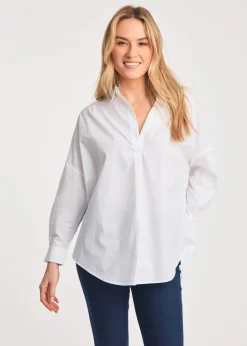 French Connection White Cotton Long Sleeve Poplin Popover High-Low Hem Shirt
