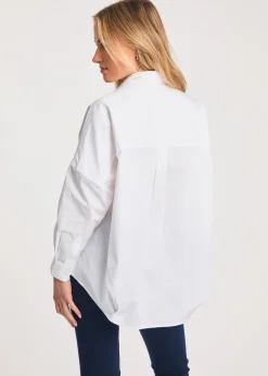 French Connection White Cotton Long Sleeve Poplin Popover High-Low Hem Shirt