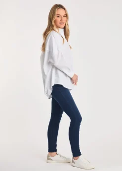 French Connection White Cotton Long Sleeve Poplin Popover High-Low Hem Shirt