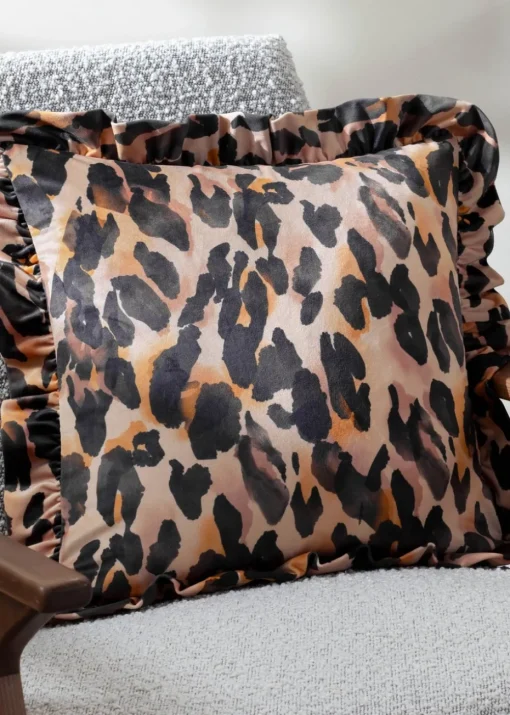 Furn Leopard Ruffle Printed Velvet Ruffle Multi Cushion (45 x 45 x 8 cm)