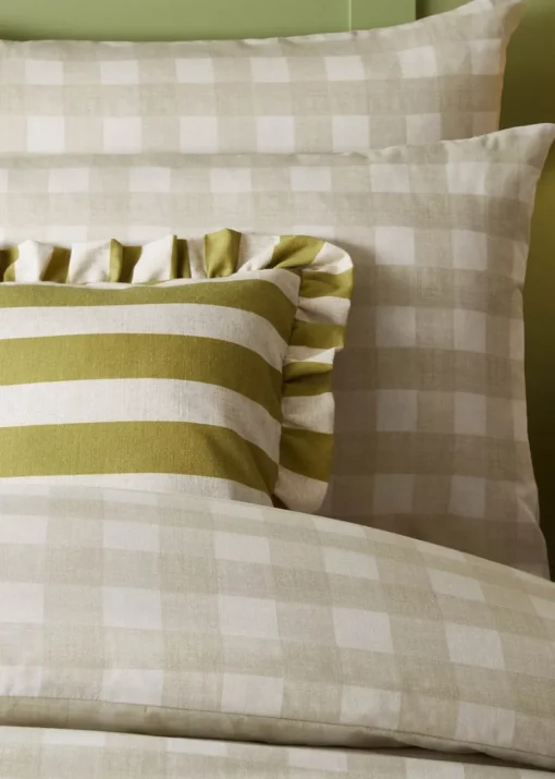 Furn Linen Stripe Printed Ruffle Olive Cushion (50 x 50 x 8 cm)