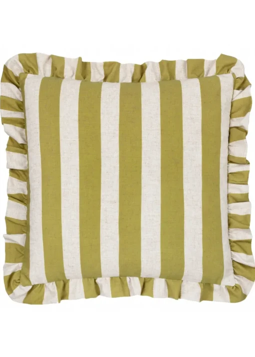 Furn Linen Stripe Printed Ruffle Olive Cushion (50 x 50 x 8 cm)