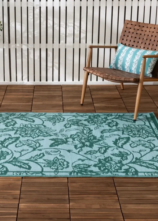 furn. Teal Anemone Woven Jacquard Outdoor Rug