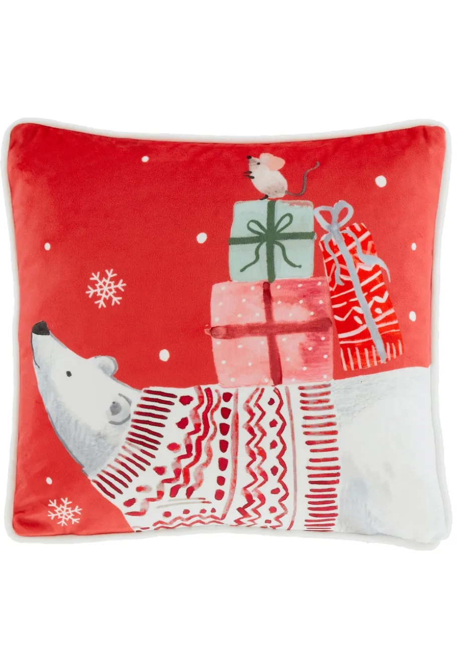 Fusion Christmas Woodland Animals Red Velvet Filled Cushion (43cm x 43cm)