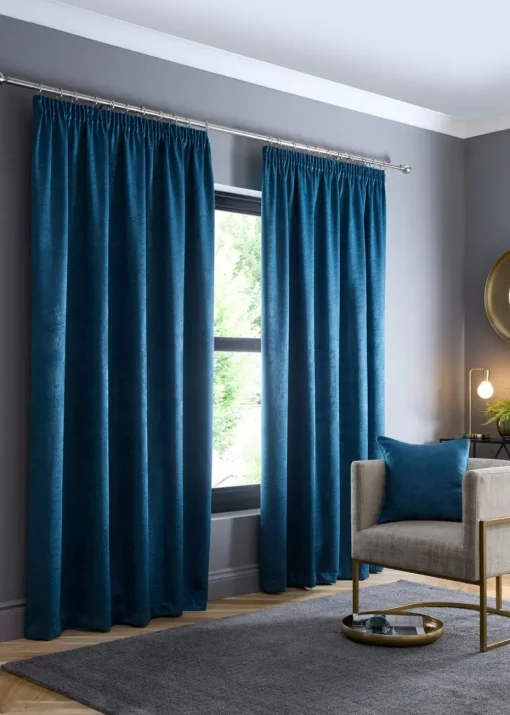 Fusion Galaxy Dim out Woven Blue Pencil Pleat Curtains