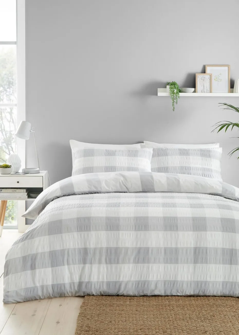 Fusion Seersucker Gingham Brushed Cotton Silver Duvet Cover Set