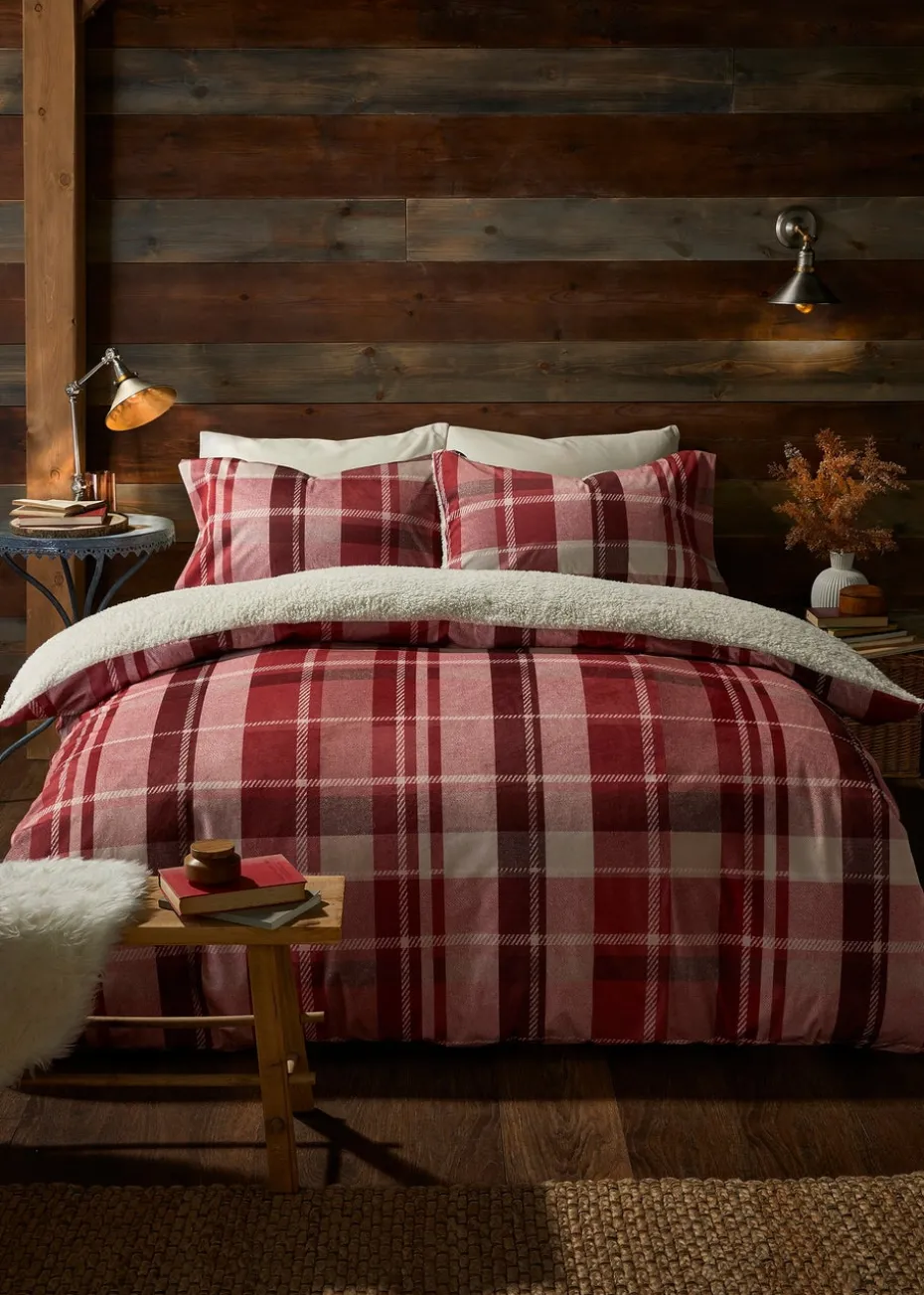 Fusion Snug Mulford Check Red Plush Duvet Cover Set