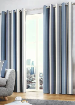 Fusion Whitworth Stripe Blue Eyelet Curtains