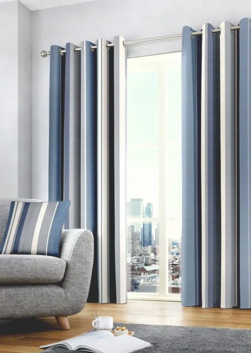 Fusion Whitworth Stripe Blue Eyelet Curtains
