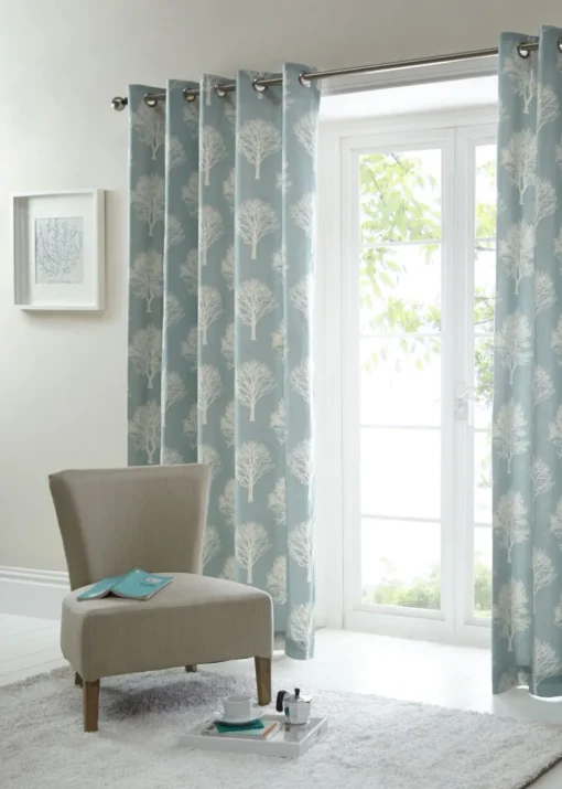Fusion Woodland Trees Blue Eyelet Curtains