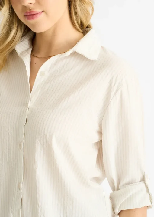 Gini London Beige Cotton Stripe Roll Up Sleeves Shirt