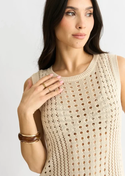 Gini London Beige Crochet Knit Bodycon Midi Dress