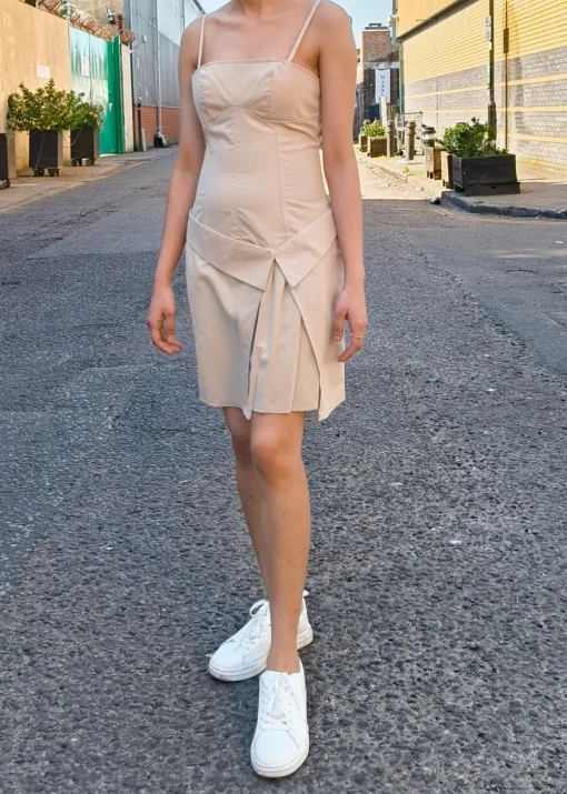 Gini London Beige Tall Woven Pleated Detail Mini Dress