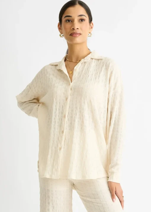 Gini London Beige Textured Oversized Long Sleeves Shirt