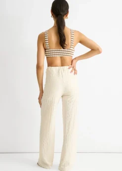 Gini London Beige Textured Elasticated Waist Flared Trousers
