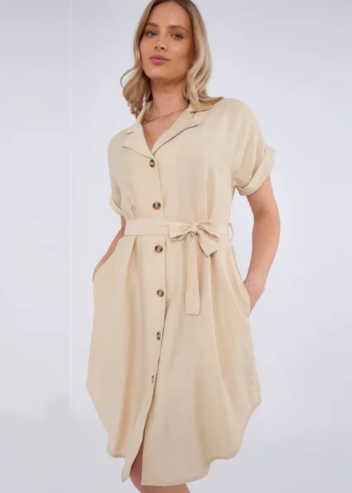 Gini London Beige Utility Belted Oversized Viscose Shirt Dress