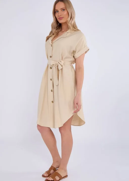 Gini London Beige Utility Belted Oversized Viscose Shirt Dress