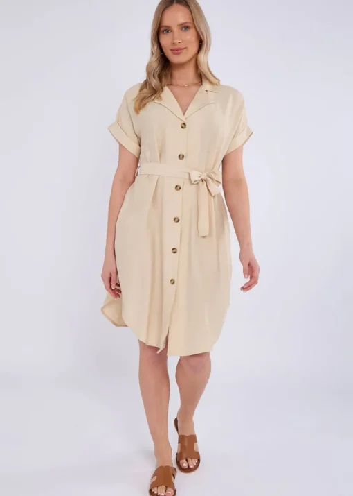Gini London Beige Utility Belted Oversized Viscose Shirt Dress