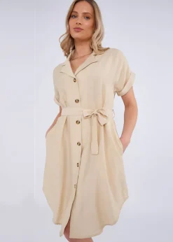 Gini London Beige Utility Belted Oversized Viscose Shirt Dress