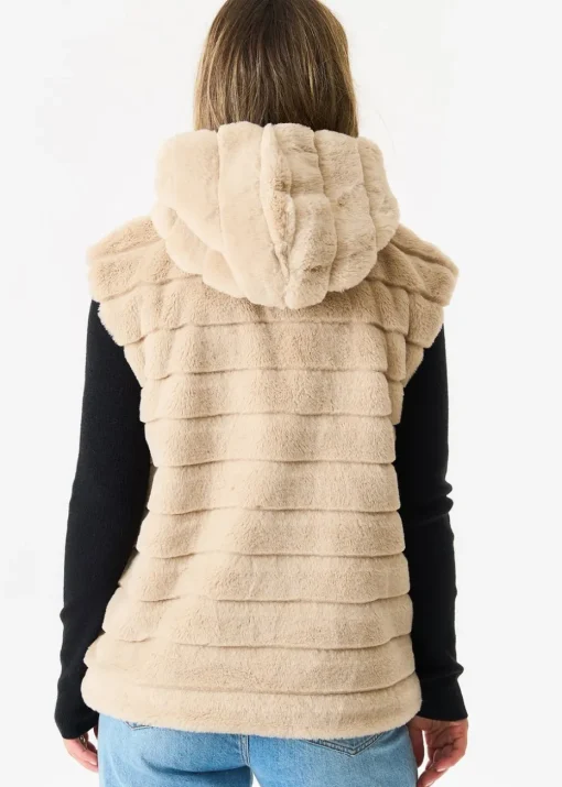 Gini London Beige Zip Front Hooded Fur Gilet