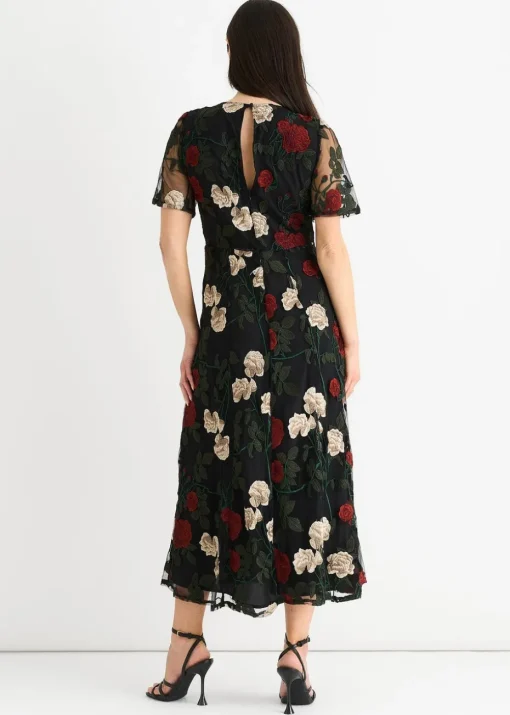 Gini London Black Angel Sleeves Embroidered Occasion Midi Dress